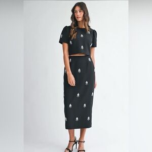 Mable Black Embellished/Rhinestone Trim Top and Midi Skirt